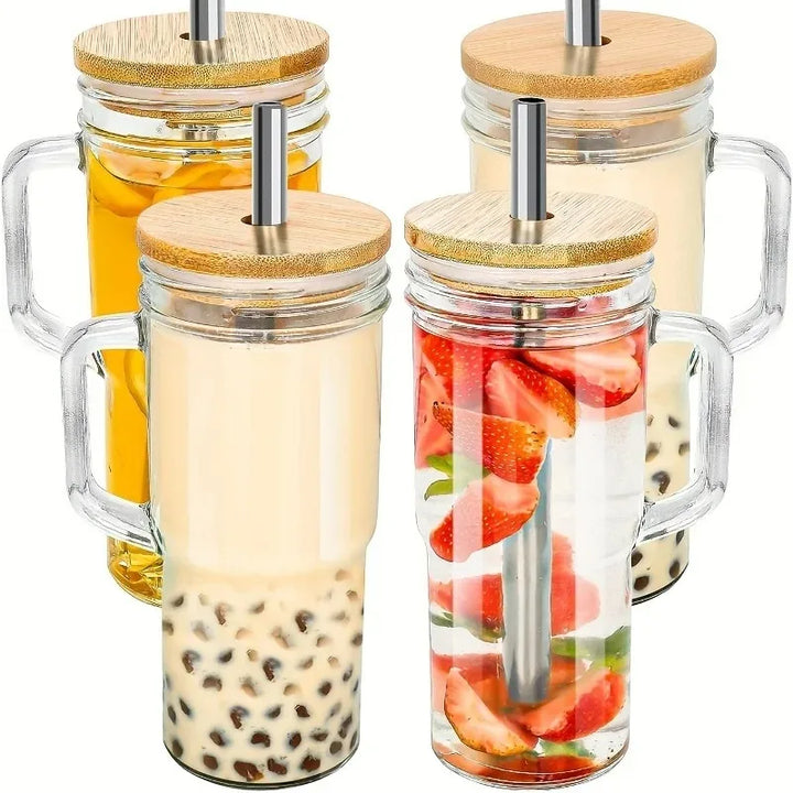 750ML Glass Cup with Wooden Lid and Straw – Bubble Tea, Cold Drinks, Coffee, Juice, Milk, and More