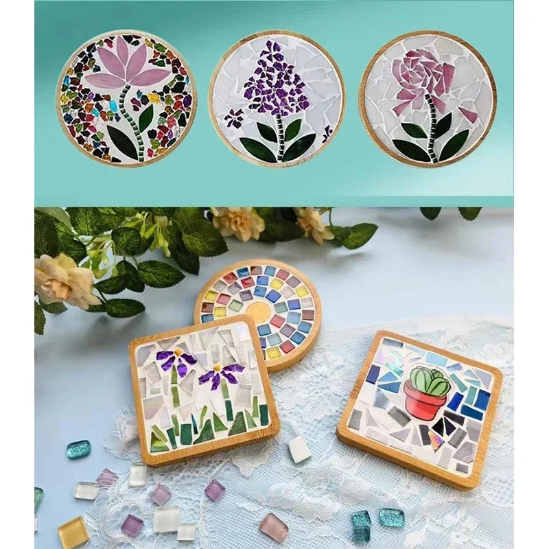 Handmade DIY Mosaic Cup Mat – Bamboo Pad Heart & Square Coaster for Parent-Child Early Education Crafting