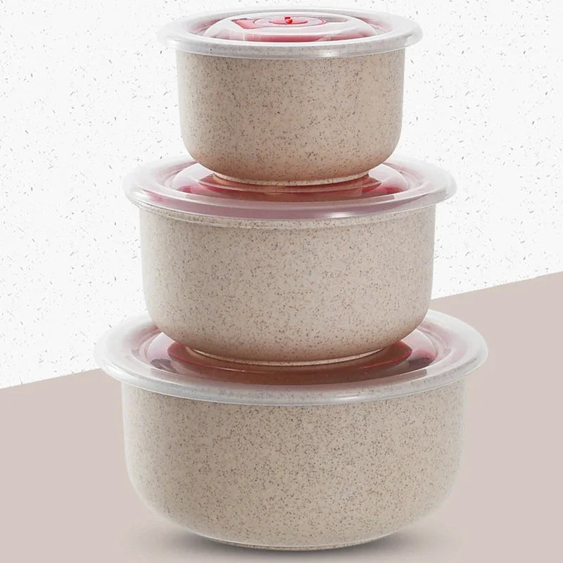 3PCS Wheat Straw Fresh-Keeping Bowl Set – Microwaveable Plastic Round Lunch Box with Lid