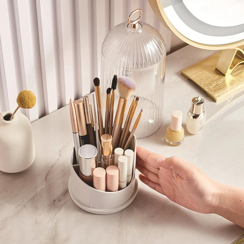 360° Rotating Makeup Brush Holder with Lid – Desktop Makeup Organizer, Cosmetic Storage Box for Lipstick, Eyebrow Tools & More