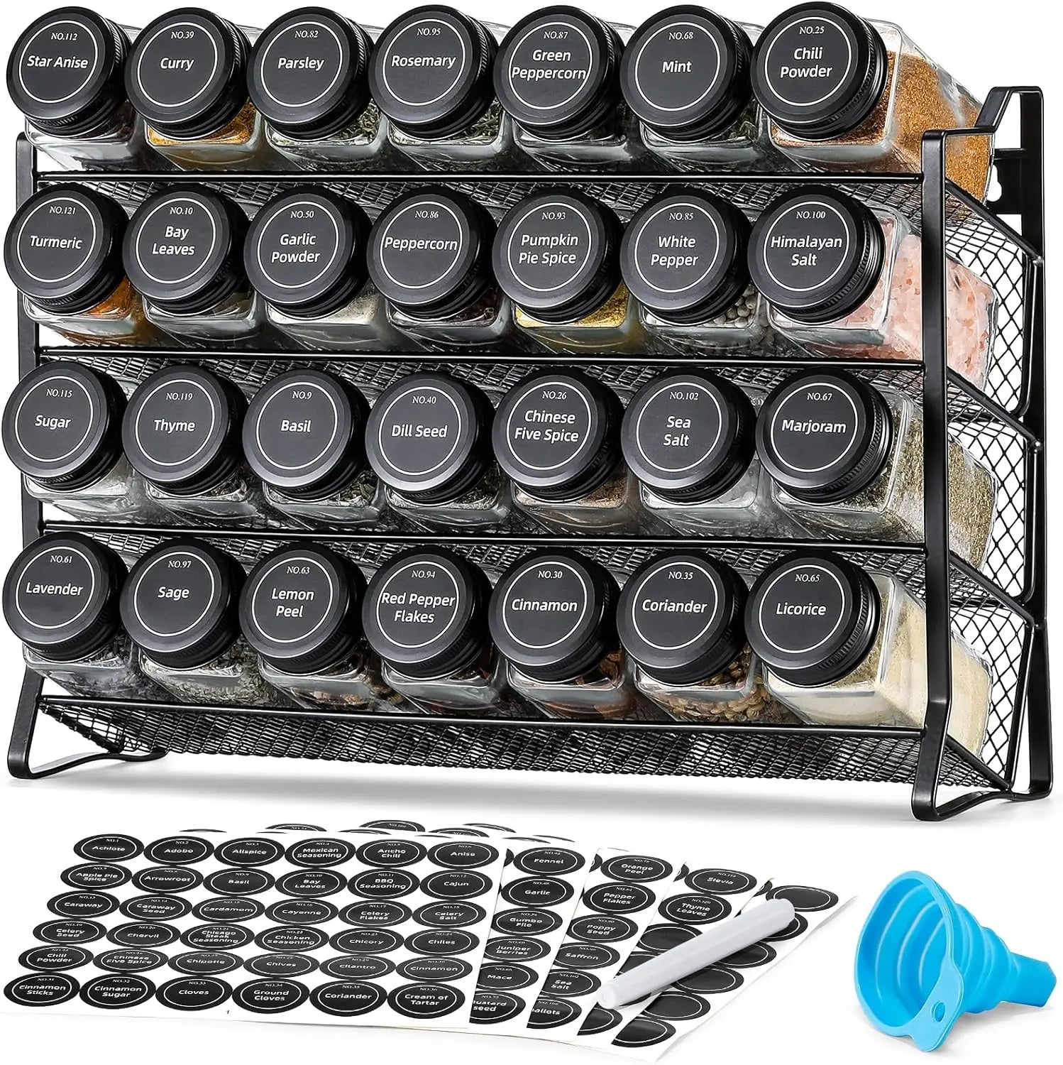 Spice Rack Organizer for Cabinet – 28 Empty Spice Jars with Black Lids