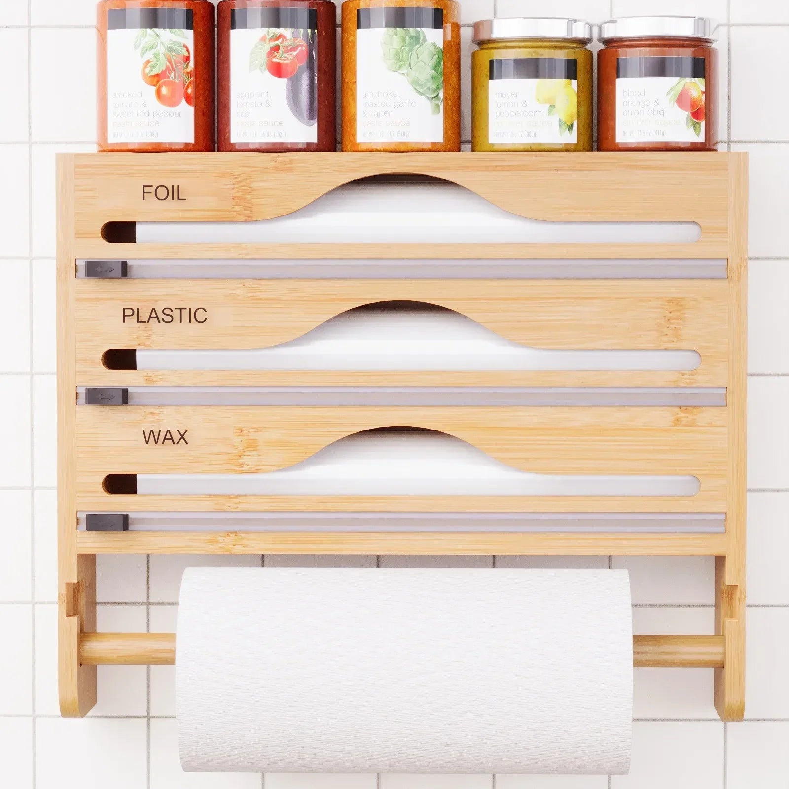 Bamboo Compartment Cling Film and Tin Foil Cutter Box – Wall-Mounted Paper Towel and Kitchen Organizer