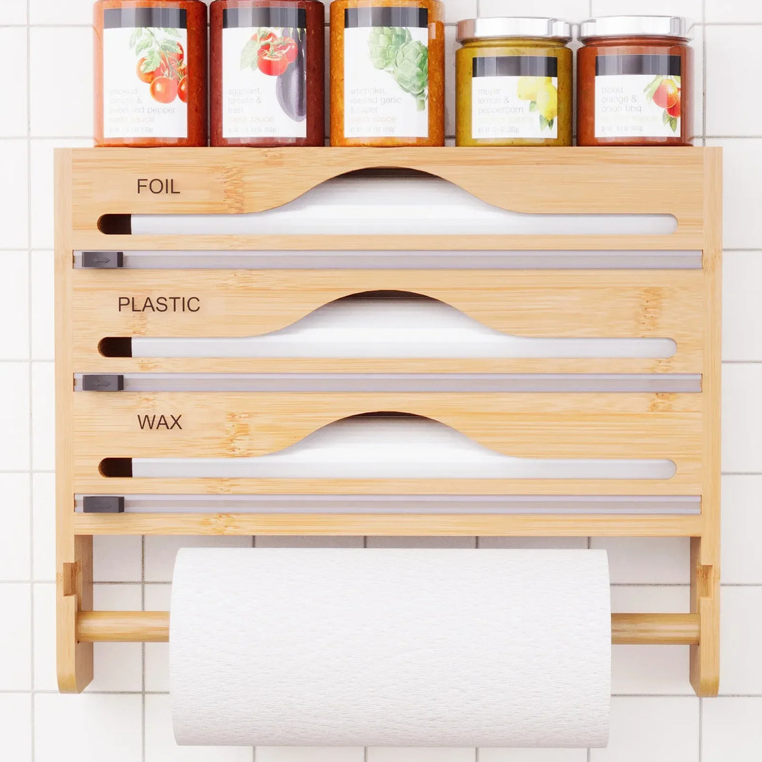 Bamboo Compartment Cling Film and Tin Foil Cutter Box – Wall-Mounted Paper Towel and Kitchen Organizer