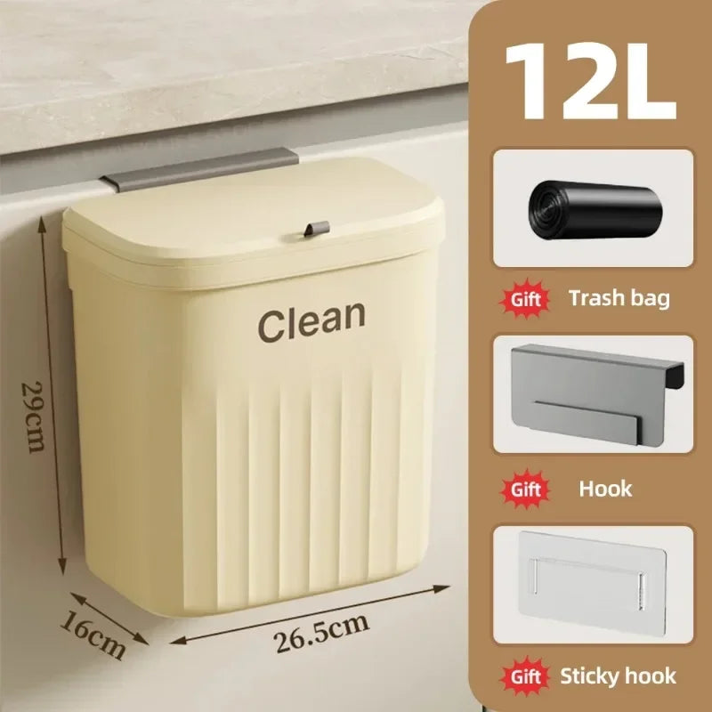 Wall-Mounted Kitchen Garbage Bin – 8.5L/12L Hanging Trash Can with Lid