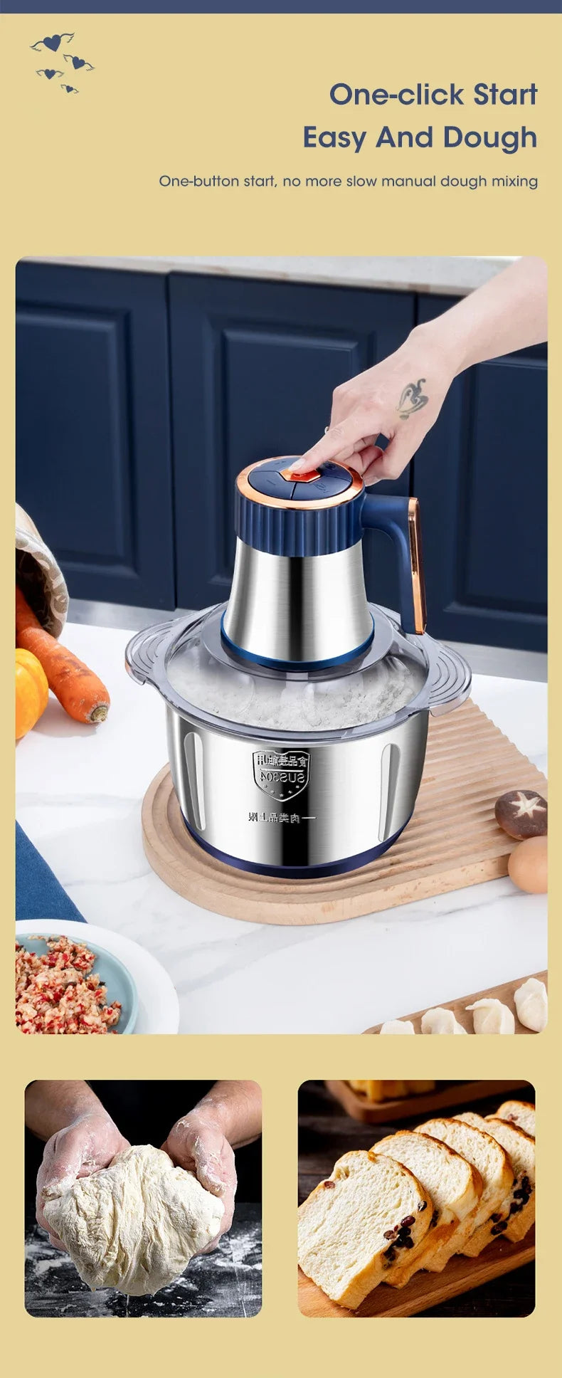 Electric Meat Grinder – 304 Stainless Steel Food Processor, Multifunctional Slicer, Mincer & Baby Food Processor