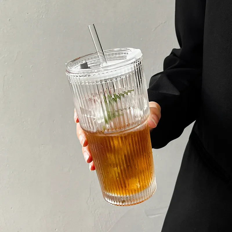 600ML Stripe Glass Coffee Cup with Lid and Straw – Transparent Drinking Glass for Juice, Milk, Tea, and Iced Coffee