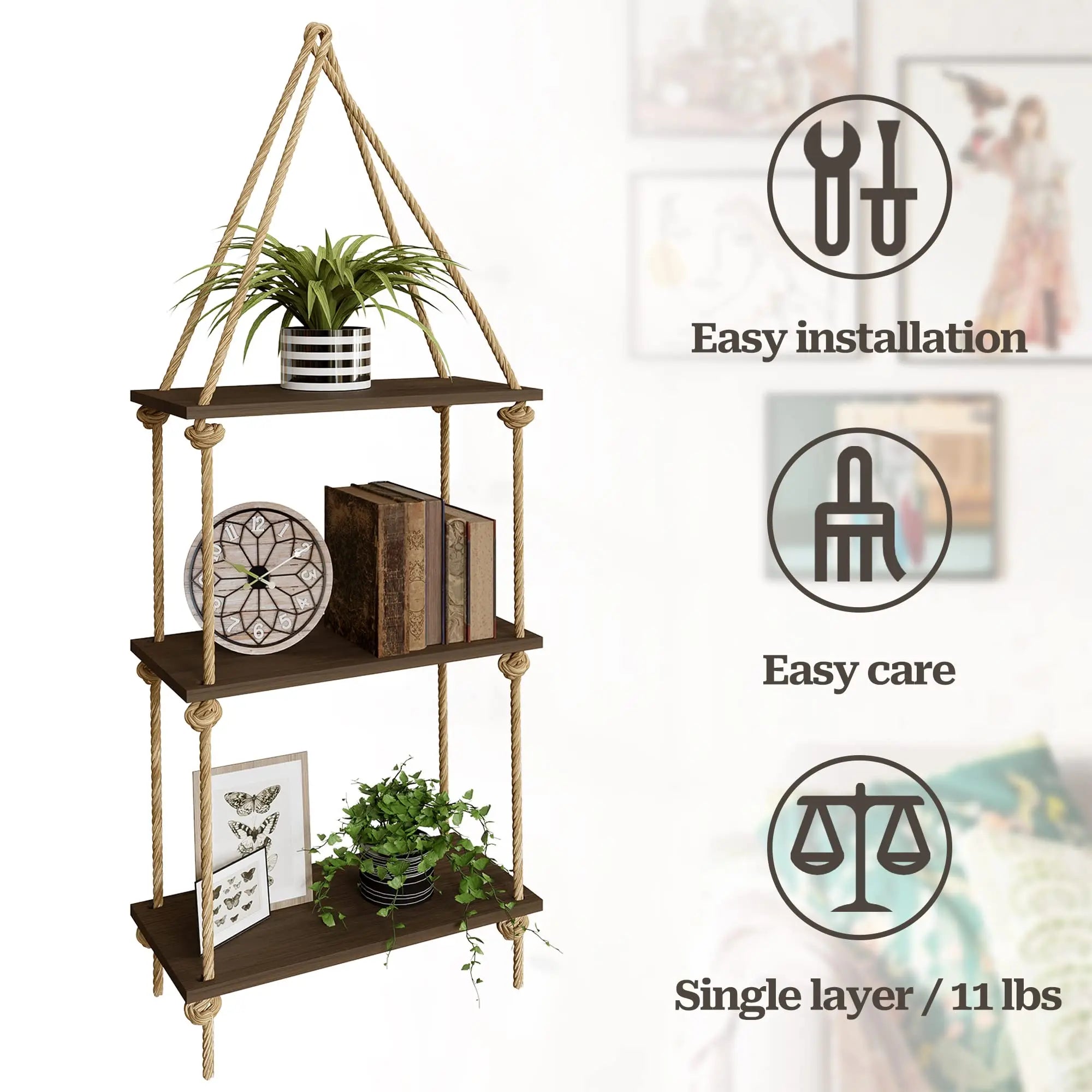 Boho Black Hanging Wall Shelves with Macrame Hanger