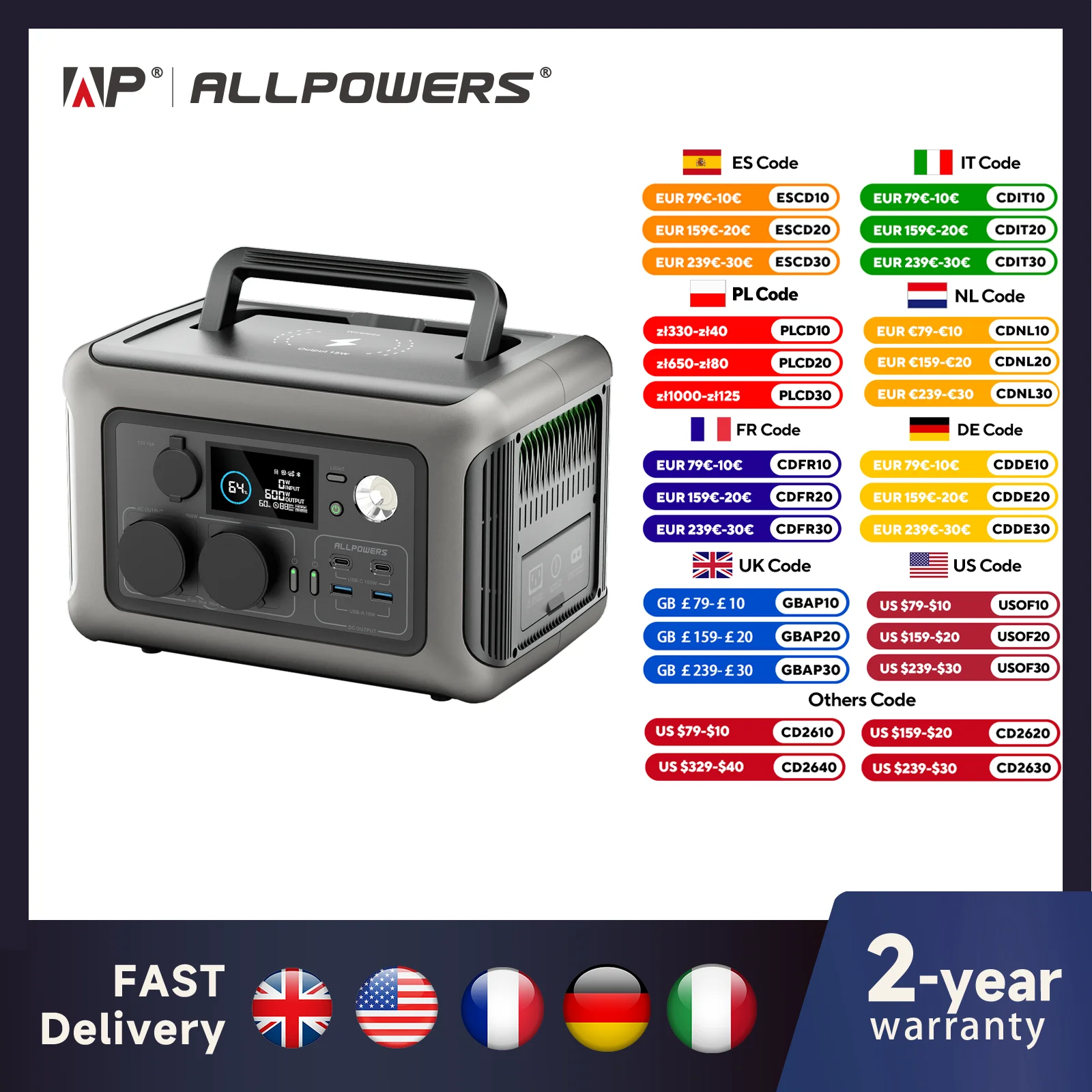 ALLPOWERS R600 Portable Power Station – 299Wh LiFePO₄, 2×600W AC Outlets (1200W Surge)