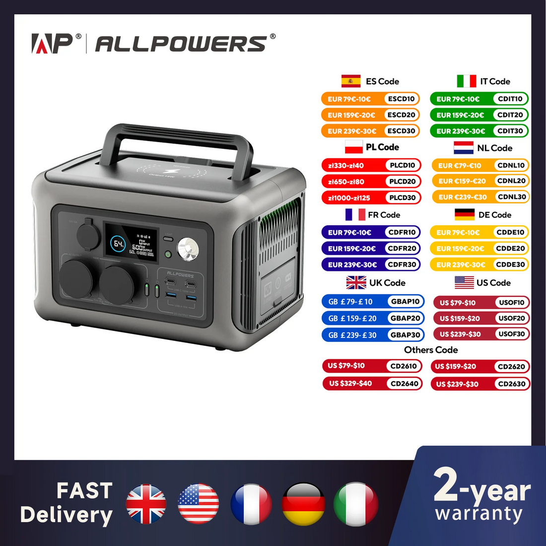 ALLPOWERS R600 Portable Power Station – 299Wh LiFePO₄, 2×600W AC Outlets (1200W Surge)