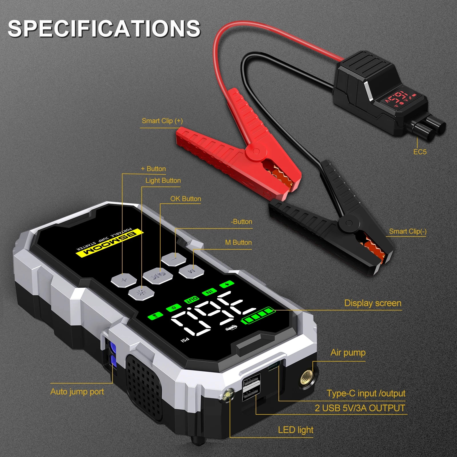 150PSI Car Jump Starter & Air Pump – 7000A Power Bank Emergency Booster