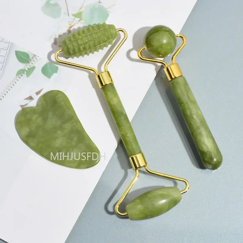 Natural Jade Roller Massager – Face, Body, Back & Foot Massage Roller, Facial Lifting & Anti-Wrinkle Double-End Gua Sha Jade Stone