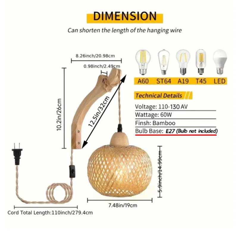 Bamboo Rattan Wall Lamp – Handwoven Natural Wicker Light Fixture with E27 Socket
