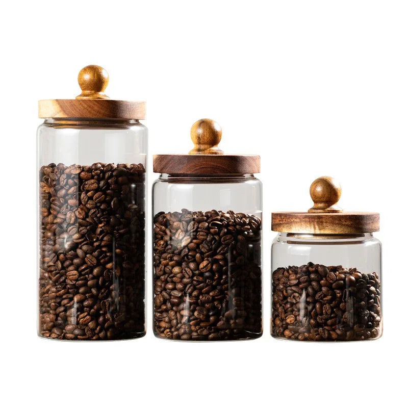 Glass Food Storage Jar with Wooden Lid – Airtight Sealed Container for Coffee Beans, Nuts, Spices, Candy, and Moisture-Proof Storage