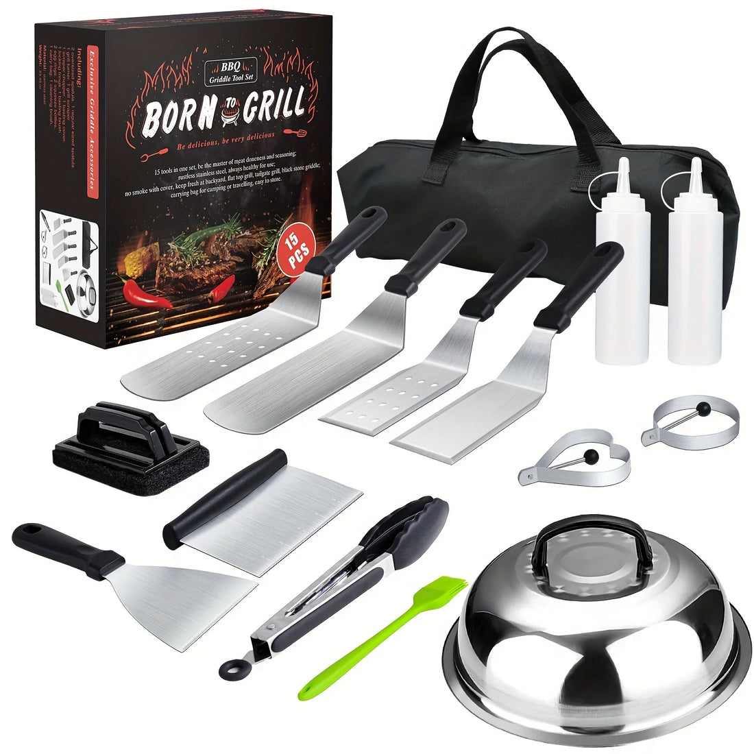 15-Piece Flat Top Grill Tool Set for Blackstone & Camping – Stainless Steel Accessory Set for Outdoor Grilling