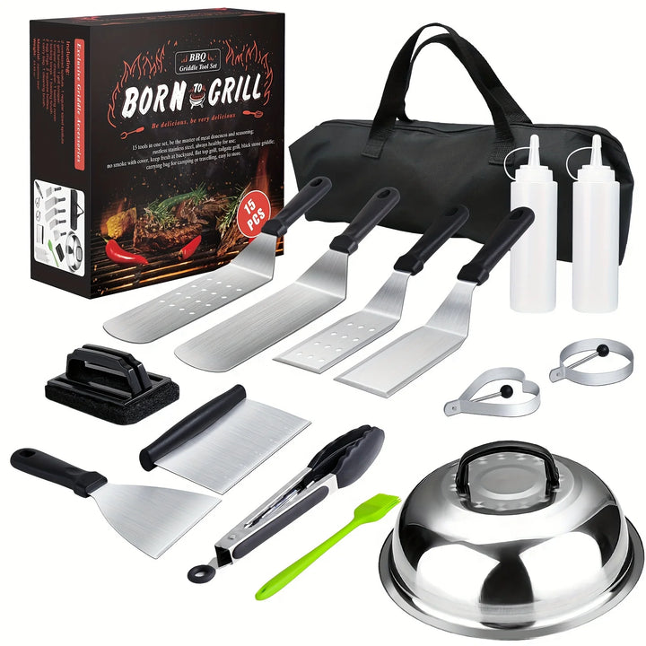 15-Piece Flat Top Grill Tool Set for Blackstone & Camping – Stainless Steel Accessory Set for Outdoor Grilling