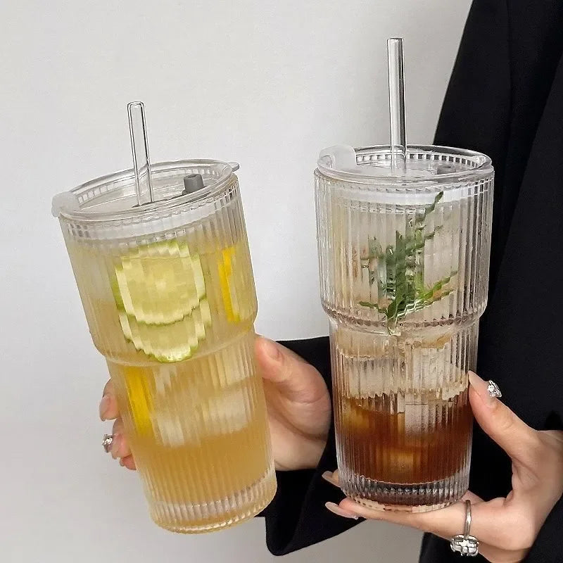 600ML Stripe Glass Coffee Cup with Lid and Straw – Transparent Drinking Glass for Juice, Milk, Tea, and Iced Coffee