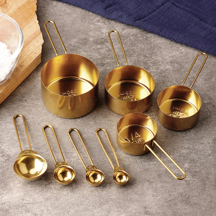4PCS/8PCS Titanium Gold Stainless Steel Measuring Cup and Spoon Set – Kitchen Thread Handle for Flour, Grains, and Baking