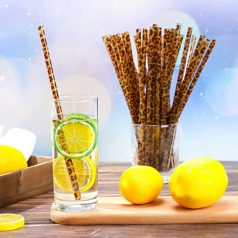 10/20pcs Reusable Leopard Print Plastic Straws – 230mm with Cleaning Brush