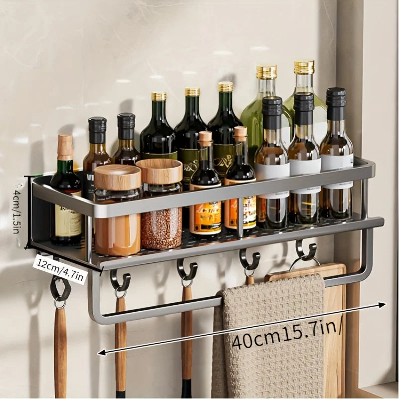 Aluminum Wall-Mounted Shelf – Multifunctional Kitchen Spice Storage Rack, Kitchen Space Management Solution