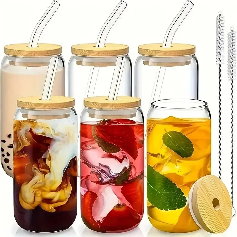 4/6-Piece Glass Cup Set – 17.8oz/550ml with Bamboo Lid and Straw – Mason Jar Water Cup