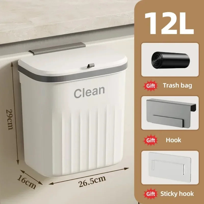 Wall-Mounted Kitchen Garbage Bin – 8.5L/12L Hanging Trash Can with Lid