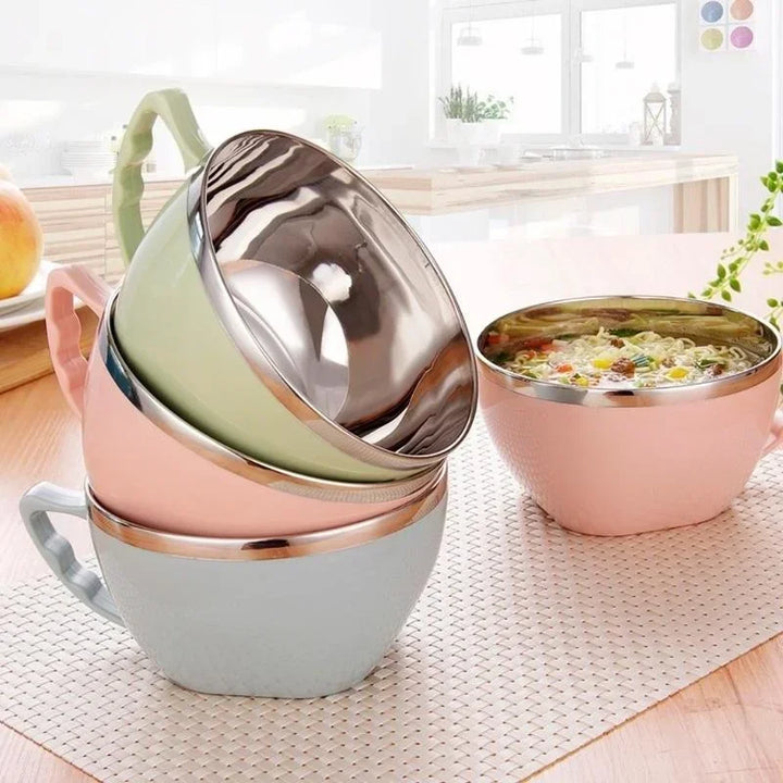 Stainless Steel Bowl with Handle – Solid Color, Anti-Scalding Design