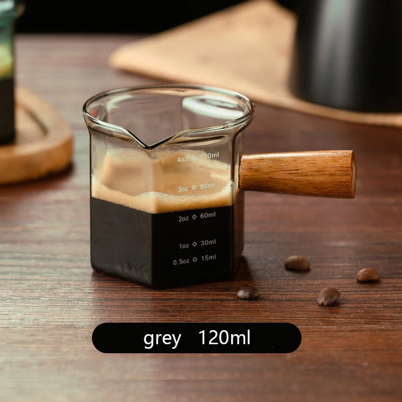 120ml Glass Espresso Measuring Cup – Hexagon Milk Jug with Wood Handle for Coffee, Sauce, and Serving
