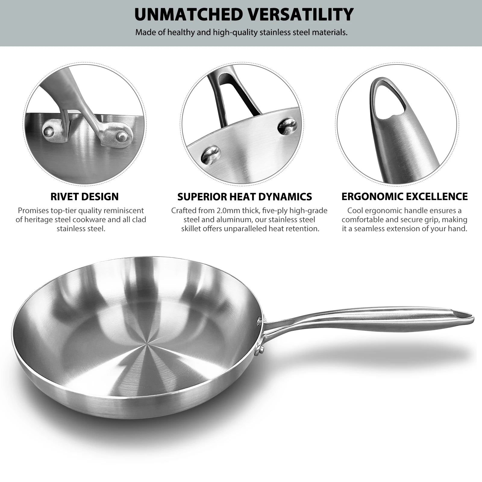 304 Stainless Steel Frying Pan – Non-Stick Pan for Fried Steak, Uncoated Kitchen Cookware for Gas Stoves and Induction Cookers