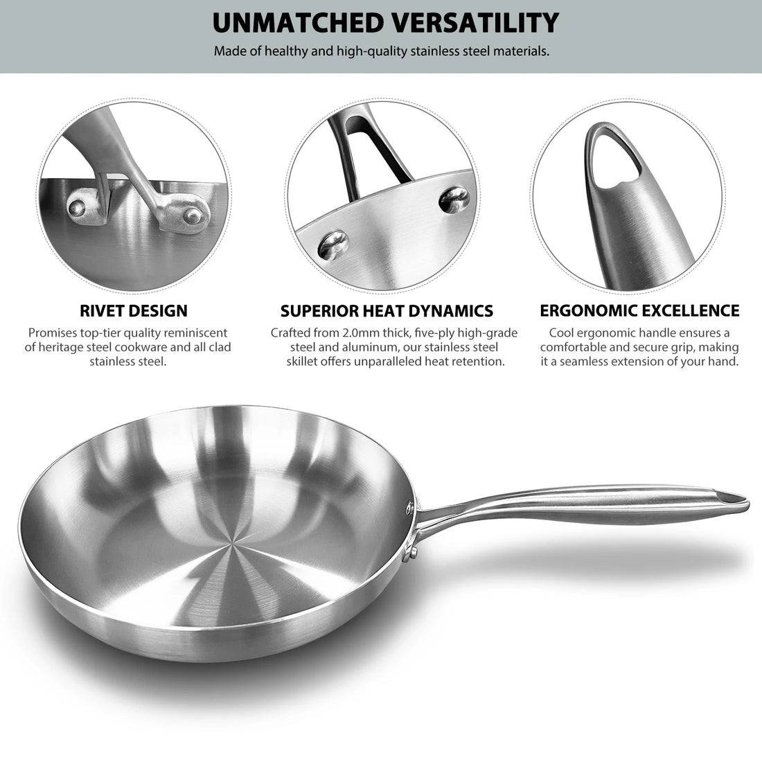 304 Stainless Steel Frying Pan – Non-Stick Pan for Fried Steak, Uncoated Kitchen Cookware for Gas Stoves and Induction Cookers