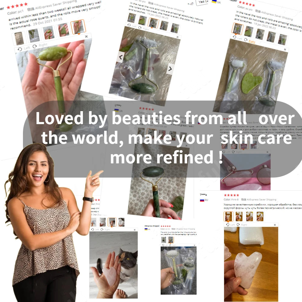 Rose Quartz Powder Crystal Jade Roller & Gua Sha Set – Natural Stone Beauty Tool for Facial Lift