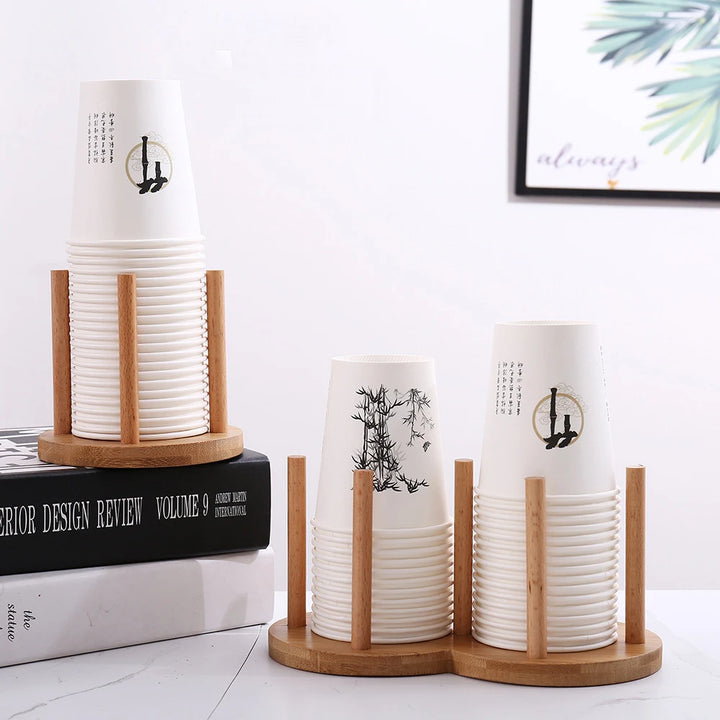 1PC Bamboo Wooden Cup Storage Rack – Creative Round Desktop Holder for Disposable Paper Cups