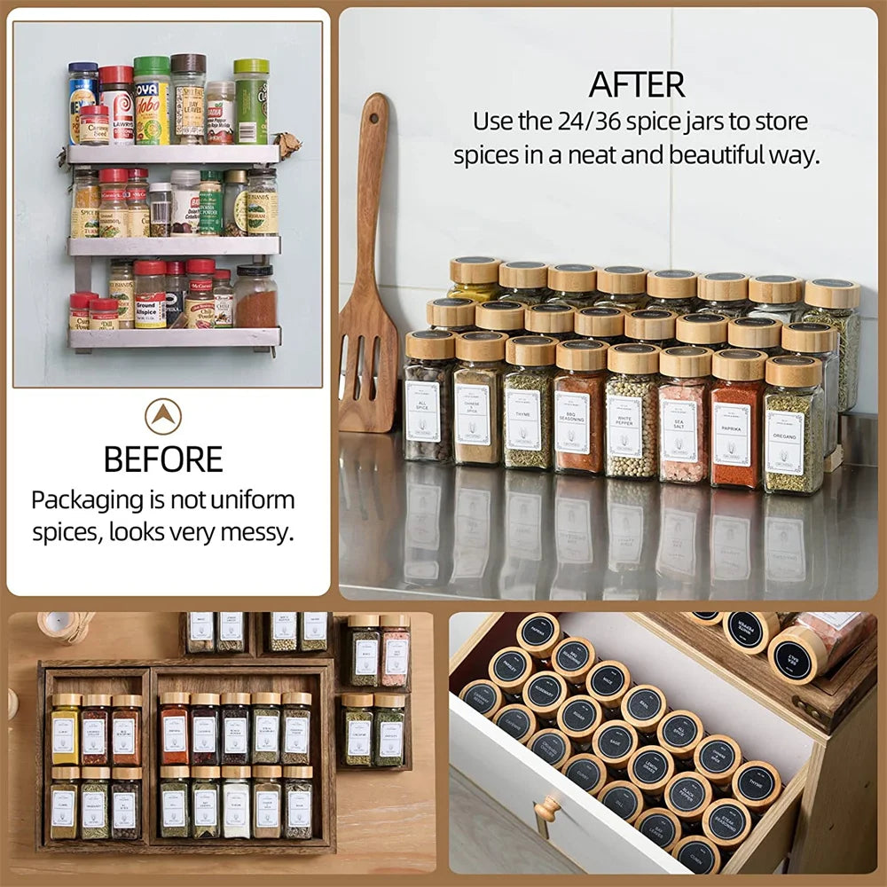 Glass Spice Jars with Bamboo Lid – Spice Seasoning Containers, Salt & Pepper Shakers, Spice Organizer Kitchen Spice Jar Set