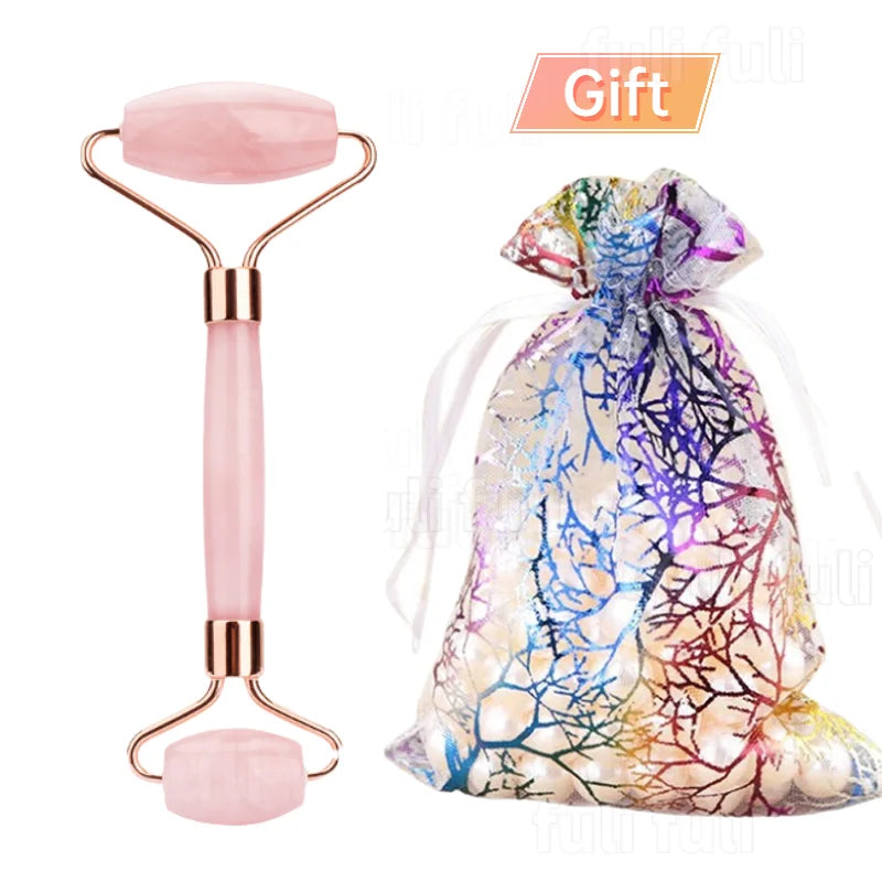 Rose Quartz Powder Crystal Jade Roller & Gua Sha Set – Natural Stone Beauty Tool for Facial Lift