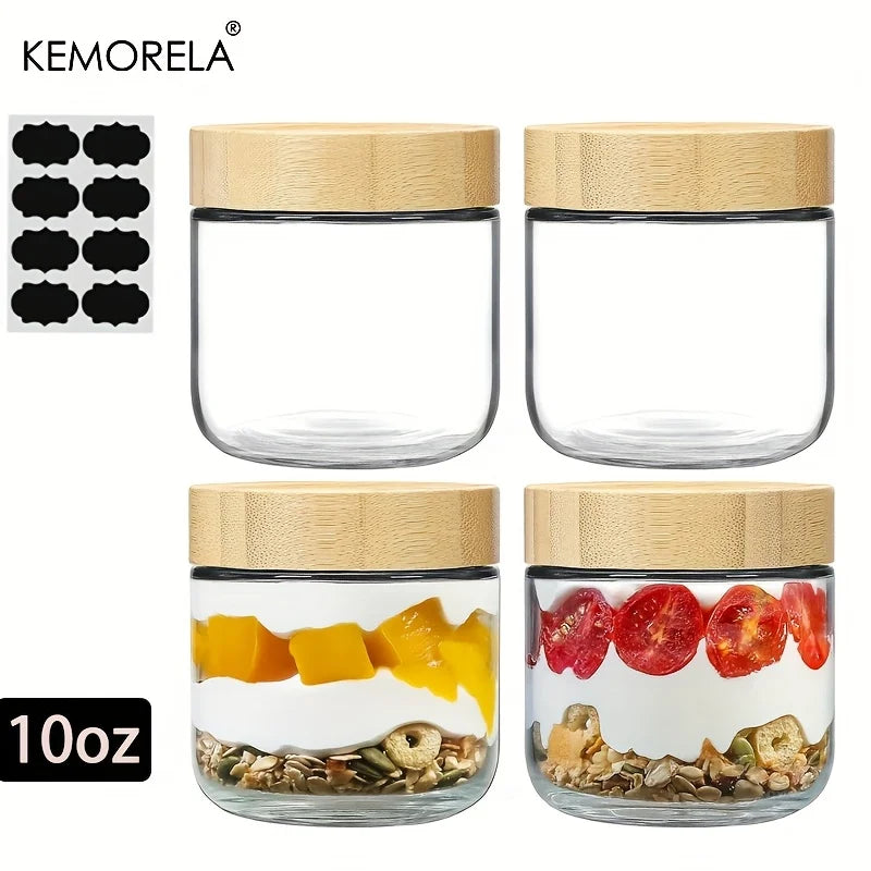 KEMORELA Glass Jars with Airtight Bamboo Lids – 2/4PCS, 290/470ML, Perfect for Overnight Oats and Salads