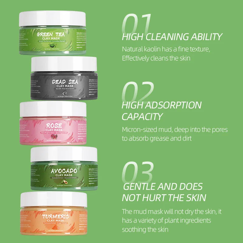 Clay Mud Face Mask Set – Turmeric, Green Tea, Rose & Avocado