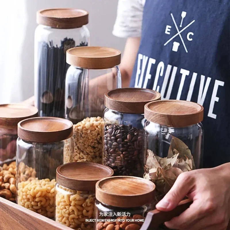 Wood Lid Glass Airtight Canister – Kitchen Storage Jar Set