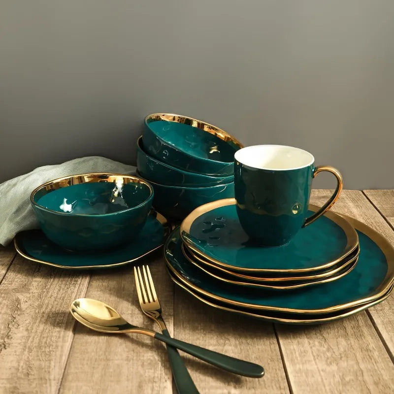 Florian Modern Porcelain 16-Piece Dinnerware Set – Green and Golden Rim, Plates and Bowls Set for 4