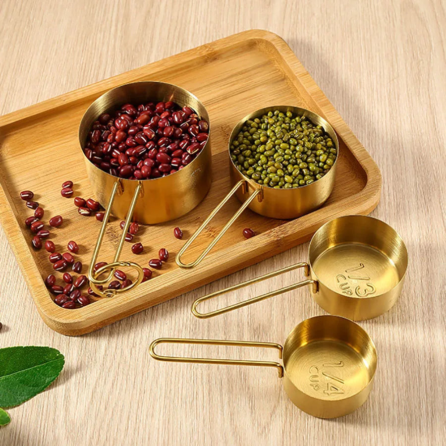 4PCS/8PCS Titanium Gold Stainless Steel Measuring Cup and Spoon Set – Kitchen Thread Handle for Flour, Grains, and Baking