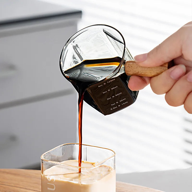 120ml Glass Espresso Measuring Cup – Hexagon Milk Jug with Wood Handle for Coffee, Sauce, and Serving