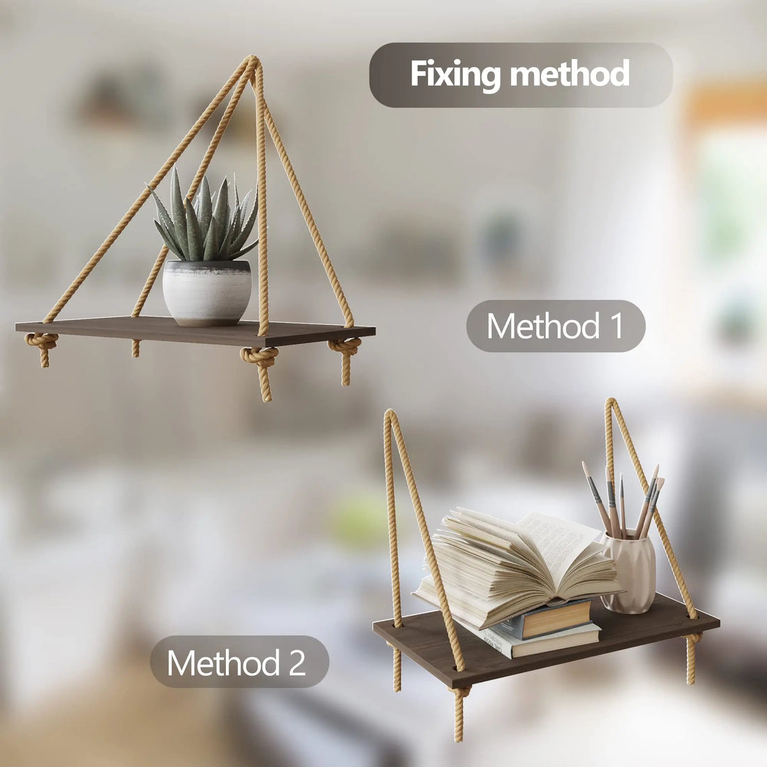 Boho Black Hanging Wall Shelves with Macrame Hanger