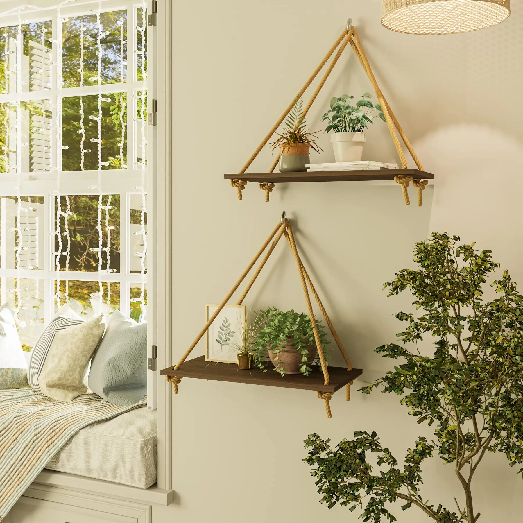 Boho Black Hanging Wall Shelves with Macrame Hanger